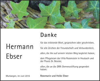 Traueranzeige von Hermann Ebser von Gmünder Tagespost