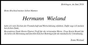 Traueranzeige von Hermann Wieland von Gmünder Tagespost