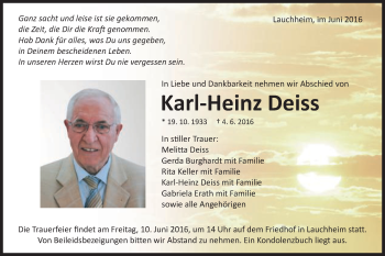 Traueranzeige von Karl-Heinz Deiss von Schwäbische Post