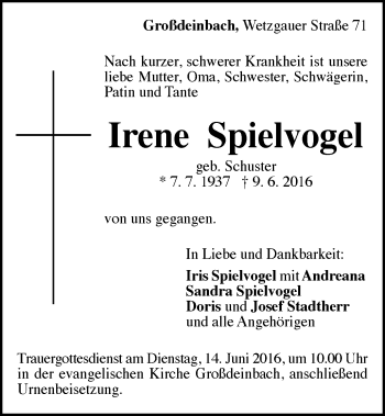 Traueranzeige von Irene Spielvogel von Gmünder Tagespost