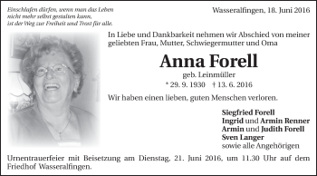 Traueranzeige von Anna Forell von Schwäbische Post