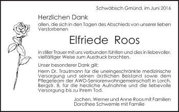 Traueranzeige von Elfriede Roos