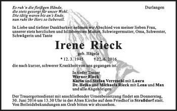 Traueranzeige von Irene Rieck von Gmünder Tagespost