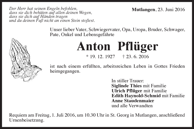  Traueranzeige für Anton Pflüger vom 27.06.2016 aus Gmünder Tagespost