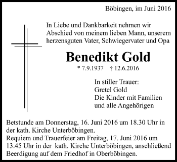 Traueranzeige von Benedikt Gold von Gmünder Tagespost