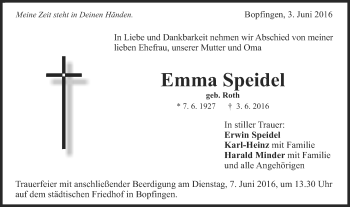 Traueranzeige von Emma Speidel von Schwäbische Post