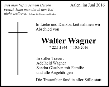 Traueranzeige von Walter Wagner von Schwäbische Post