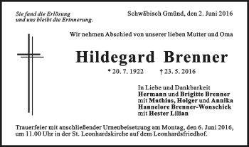Traueranzeige von Hildegard Brenner von Gmünder Tagespost