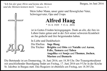 Traueranzeige von Alfred Haag von Gmünder Tagespost