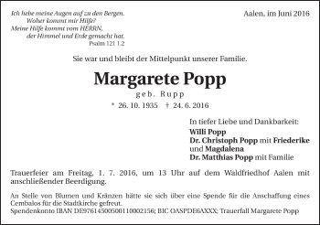 Traueranzeige von Margarete Popp von Schwäbische Post