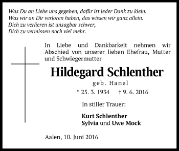 Traueranzeige von Hildegard Schlenther von Schwäbische Post