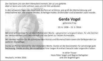 Traueranzeige von Gerda Vogel von Gmünder Tagespost