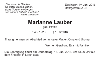 Traueranzeige von Marianne Lauber von Gmünder Tagespost
