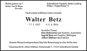 Traueranzeige von Walter Betz von Gmünder Tagespost