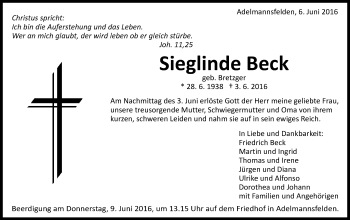 Traueranzeige von Sieglinde Beck von Schwäbische Post