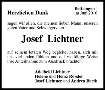 Traueranzeige von Josef Lichtner von Gmünder Tagespost