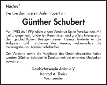 Traueranzeige von Günther Schubert von Schwäbische Post