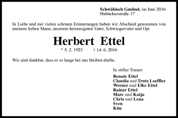 Traueranzeige von Herbert Ettel 