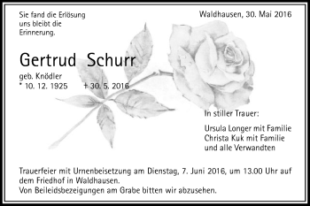 Traueranzeige von Gertrud Schurr von Gmünder Tagespost