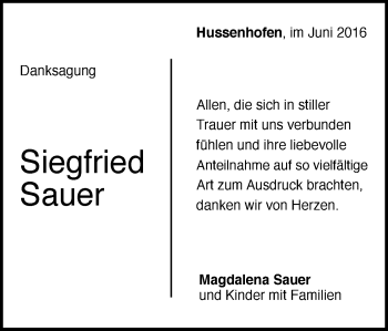 Traueranzeige von Siegfried Sauer von Gmünder Tagespost