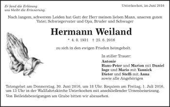 Traueranzeige von Hermann Weiland von Schwäbische Post