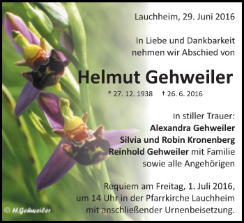 Traueranzeige von Helmut Gehweiler von Schwäbische Post