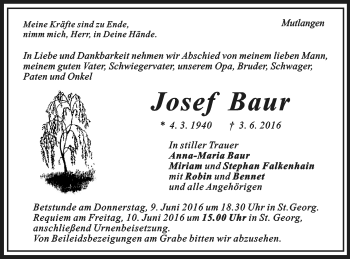 Traueranzeige von Josef Baur von Gmünder Tagespost