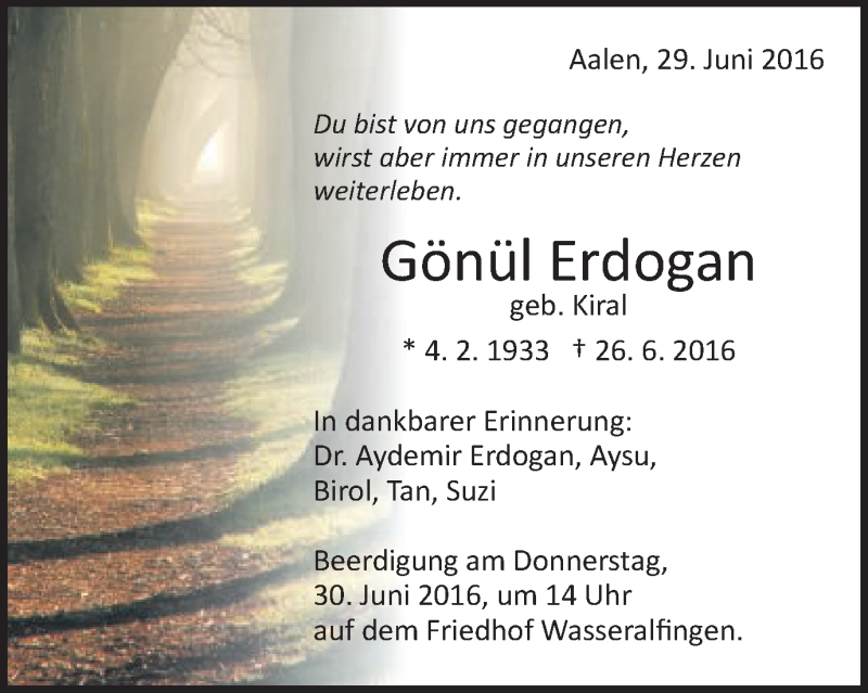  Traueranzeige für Gönül Erdogan vom 29.06.2016 aus Schwäbische Post