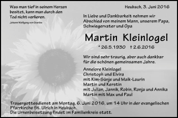 Traueranzeige von Martin Kleinlogel von Gmünder Tagespost