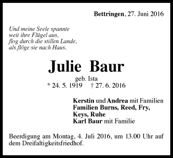 Traueranzeige von Julie Baur von Gmünder Tagespost