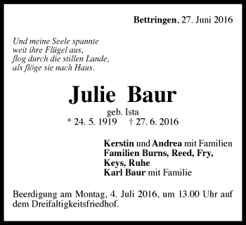 Traueranzeige von Julie Baur