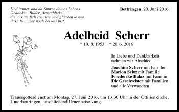 Traueranzeige von Adelheid Scherr von Gmünder Tagespost