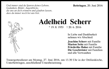 Traueranzeige von Adelheid Scherr