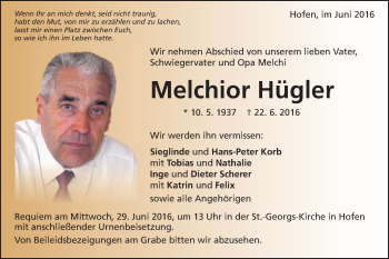 Traueranzeige von Melchior Hügler von Schwäbische Post