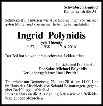 Traueranzeige von Ingrid Polynidis von Gmünder Tagespost