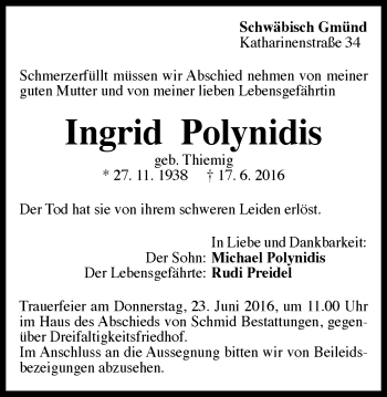 Traueranzeige von Ingrid Polynidis