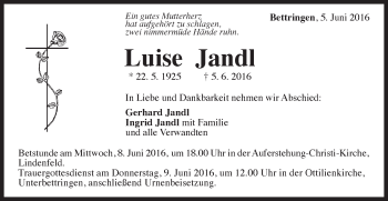 Traueranzeige von Luise Jandl von Gmünder Tagespost