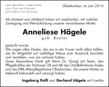 Traueranzeige von Anneliese Hägele von Amtsblatt_Oko