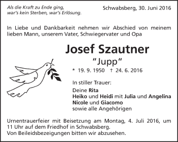 Traueranzeige von Josef Szautner von Schwäbische Post