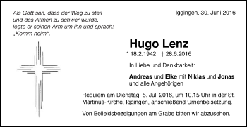 Traueranzeige von Hugo Lenz von Gmünder Tagespost