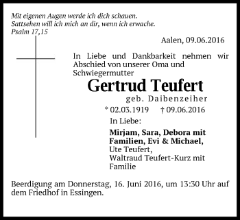 Traueranzeige von Gertrud Teufert von Schwäbische Post