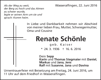 Traueranzeige von Renate Schönle von Schwäbische Post
