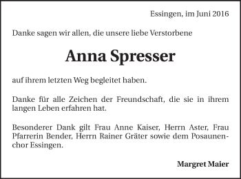 Traueranzeige von Anna Spresser von Schwäbische Post