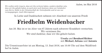 Traueranzeige von Friedhelm Weidenbacher von Schwäbische Post