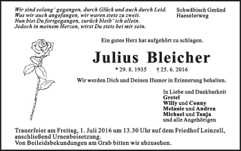 Traueranzeige von Julius Bleicher von Gmünder Tagespost