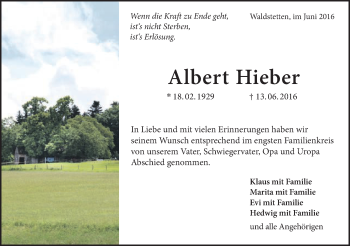 Traueranzeige von Albert Hieber von Gmünder Tagespost