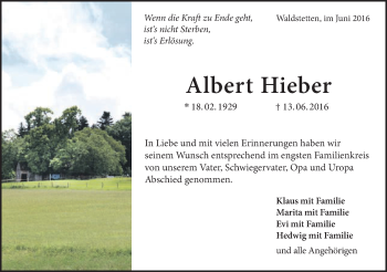 Traueranzeige von Albert Hieber