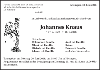 Traueranzeige von Johannes Knaus von Schwäbische Post