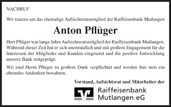 Traueranzeige von Anton Pflüger von Gmünder Tagespost