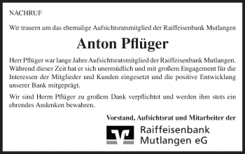 Traueranzeige von Anton Pflüger